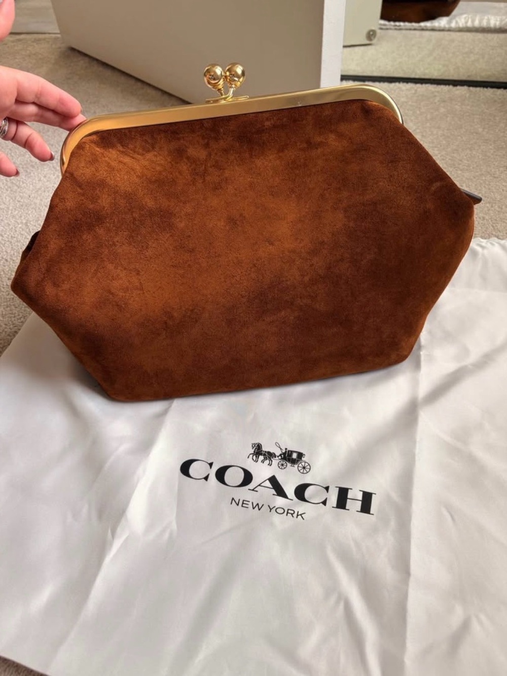 COACH Chestnut Brown Suede Kiss-Lock Clutch with Gold Hardware